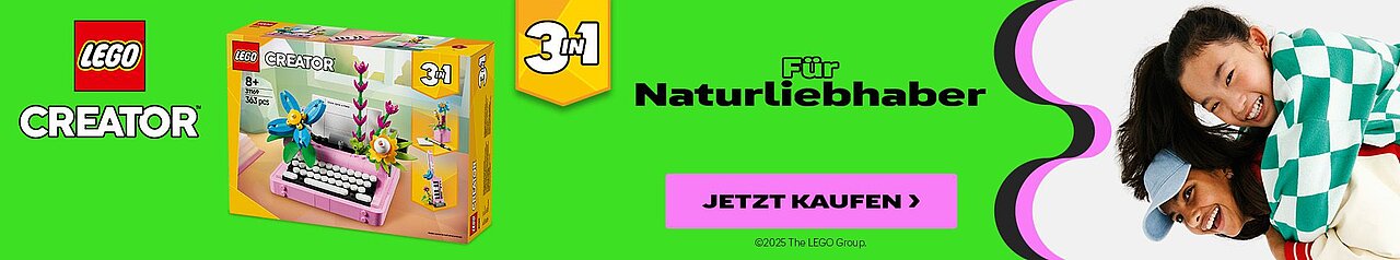 Banner mit neongrünem Hintergrund, rechte Ecke gefüllt mit der Lego Logo Datei, untendrumter ein Schriftzug mit "Creator". nebendram eine Lego Verpackung mit dem Design "Schreibmaschine mit Blume". Zwei Mädchen die sich im Arm haben. Lego Creator für Naturliebhaber